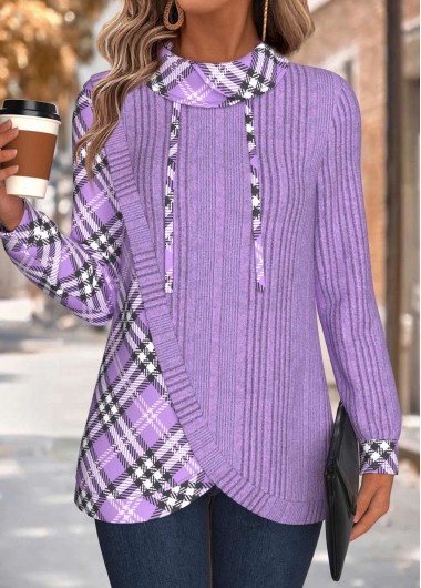 Light Purple tops,Plaid tops,Geometric tops,ROTITA Tummy Coverage Plaid Light Purple Cowl Neck Sweatshirt