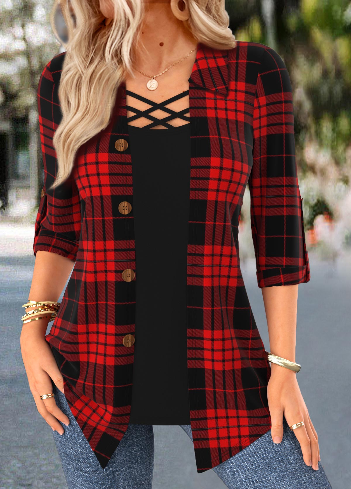 Red tops,Plaid tops,ROTITA Criss Cross Plaid Red Fake Two Piece Twinset