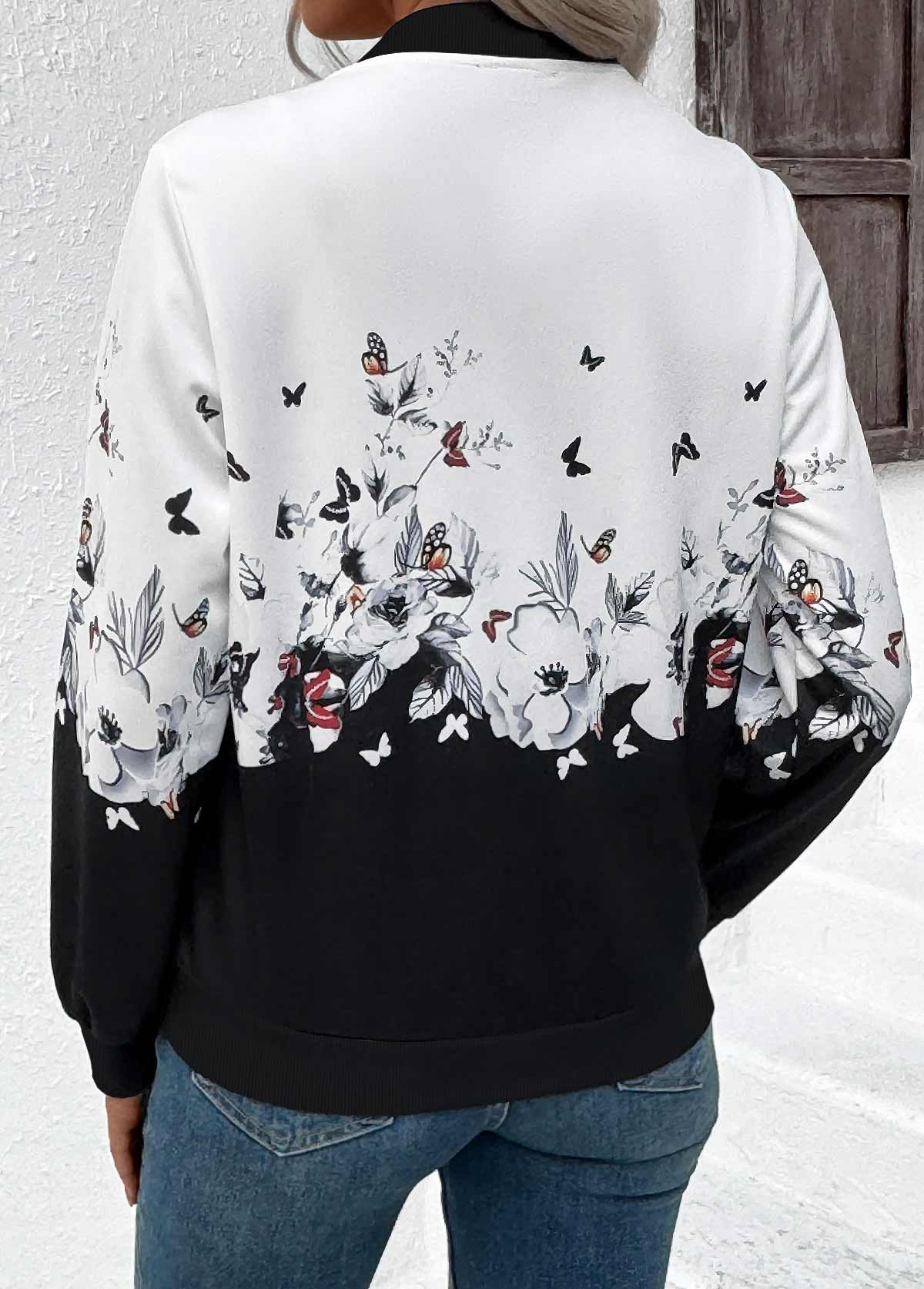 White tops,Floral tops,Plants tops,ROTITA Zipper Floral Print White Stand Collar Long Sleeve Jacket