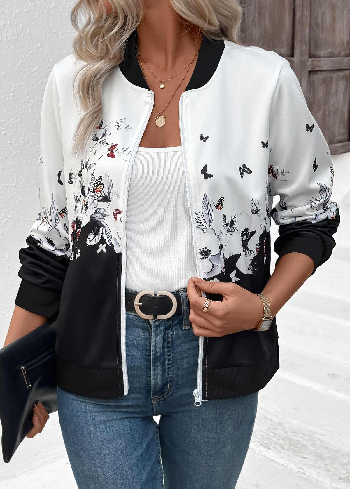 White tops,Floral tops,Plants tops,ROTITA Zipper Floral Print White Stand Collar Long Sleeve Jacket