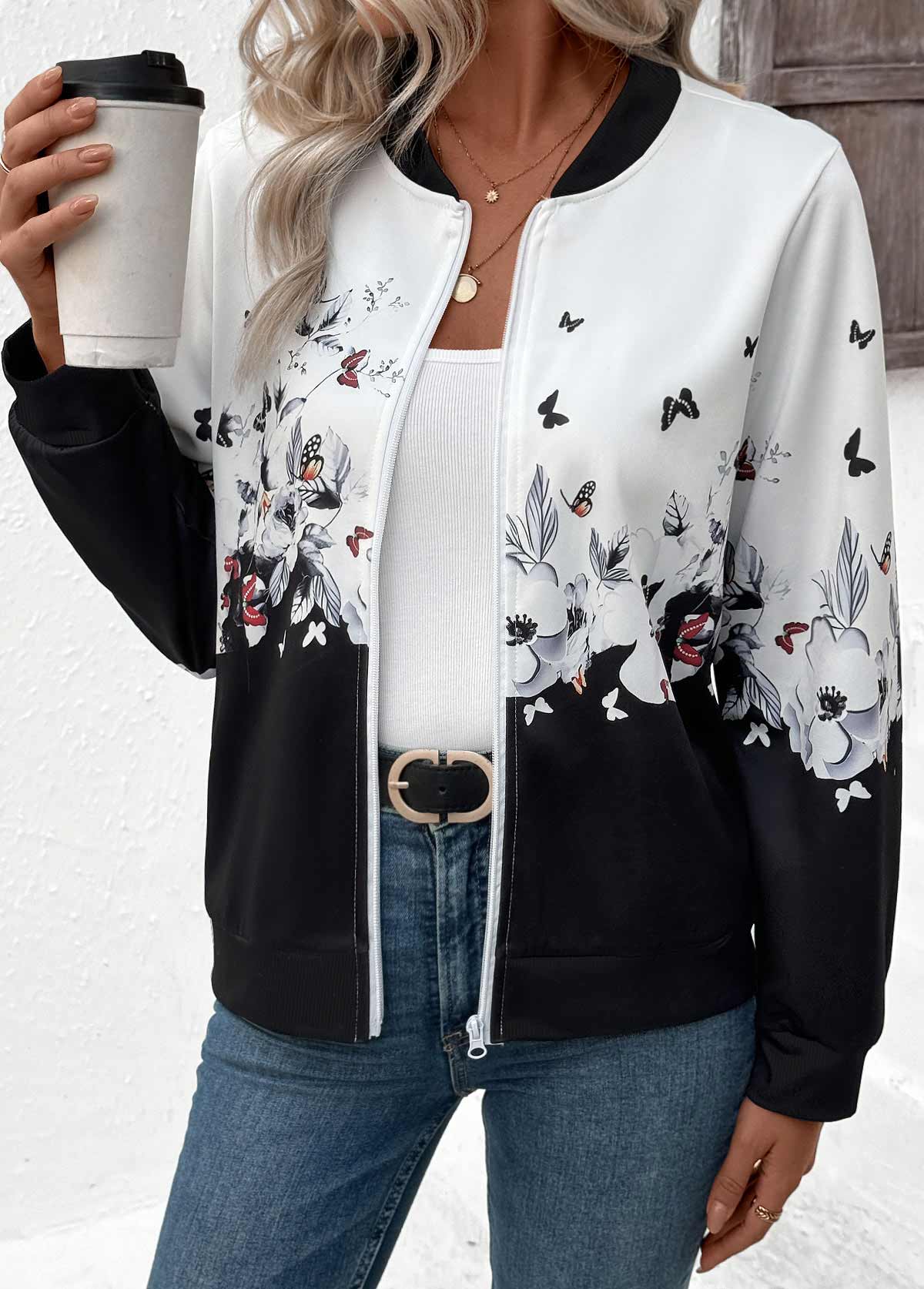White tops,Floral tops,Plants tops,ROTITA Zipper Floral Print White Stand Collar Long Sleeve Jacket