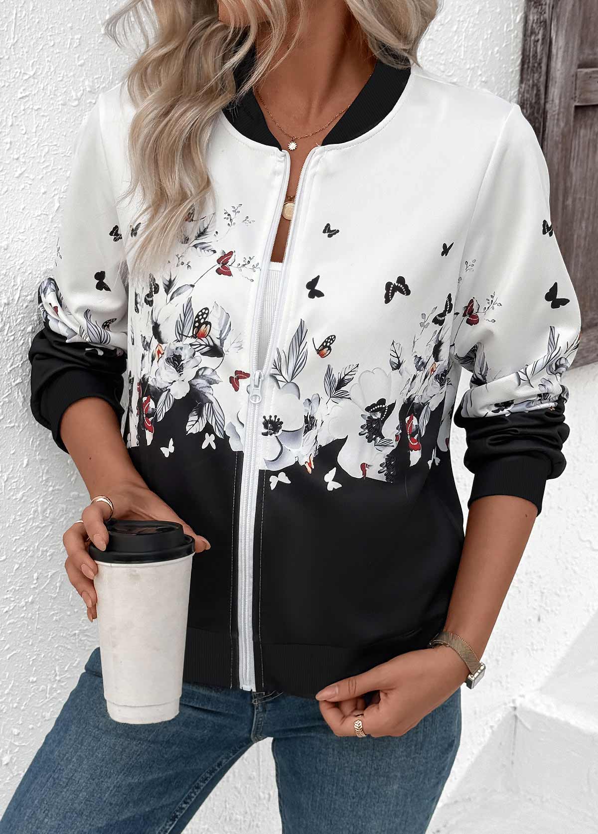 White tops,Floral tops,Plants tops,ROTITA Zipper Floral Print White Stand Collar Long Sleeve Jacket