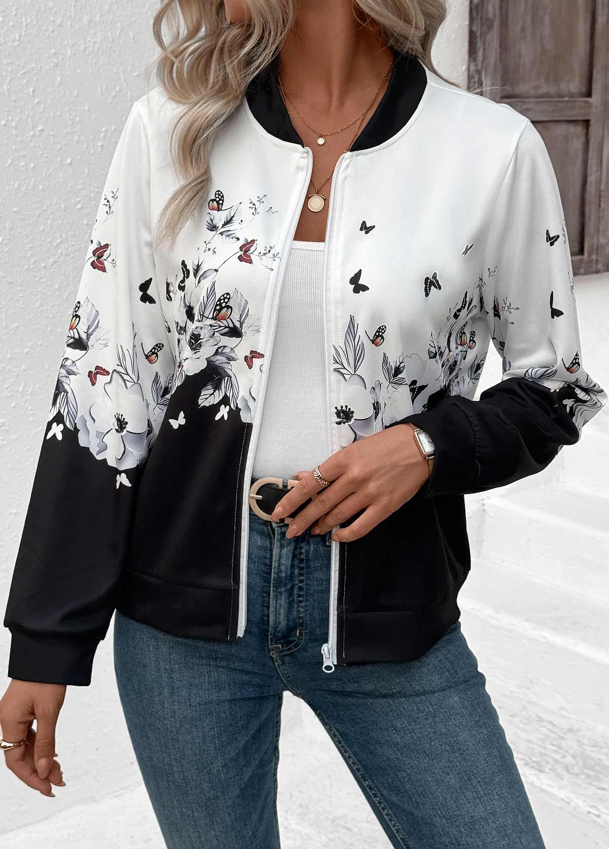 White tops,Floral tops,Plants tops,ROTITA Zipper Floral Print White Stand Collar Long Sleeve Jacket