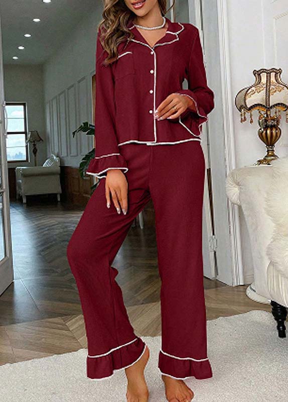 Wine Red loungewear,Plain Color loungewear,Wine Red Turn Down Collar Lounge Top and Pants