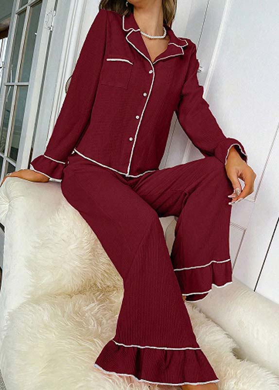 Wine Red loungewear,Plain Color loungewear,Wine Red Turn Down Collar Lounge Top and Pants