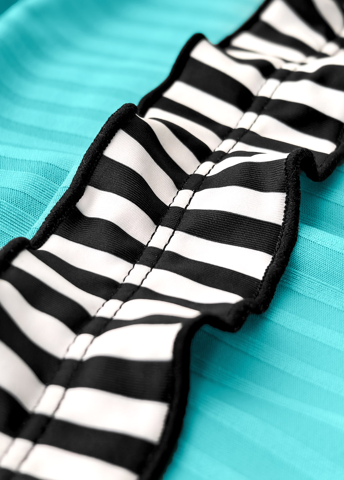 Cyan swimwear,Striped swimwear,Geometric swimwear,ROTITA Contrast Binding Cyan Striped Mid Waisted Tankini Set