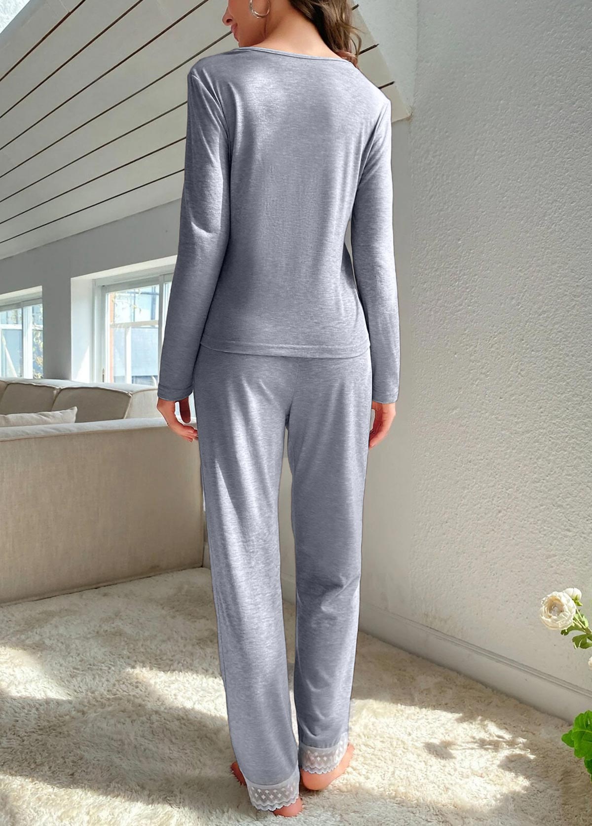 Grey loungewear,Plain Color loungewear,Grey V Neck Long Sleeve Lounge Top and Pants