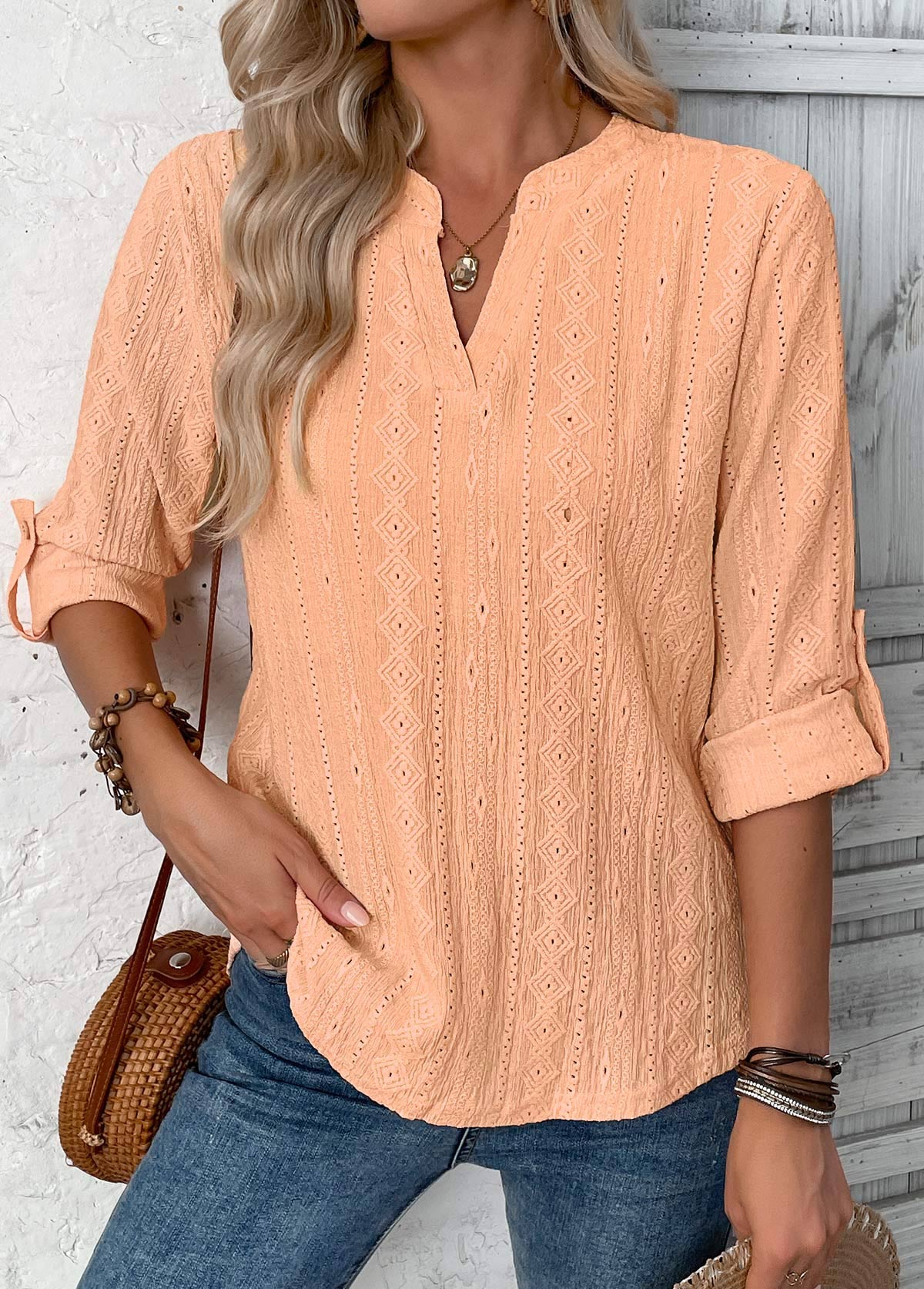 Orange tops,Plain Color tops,ROTITA Dusty Pink Split Neck 3/4 Sleeve Blouse