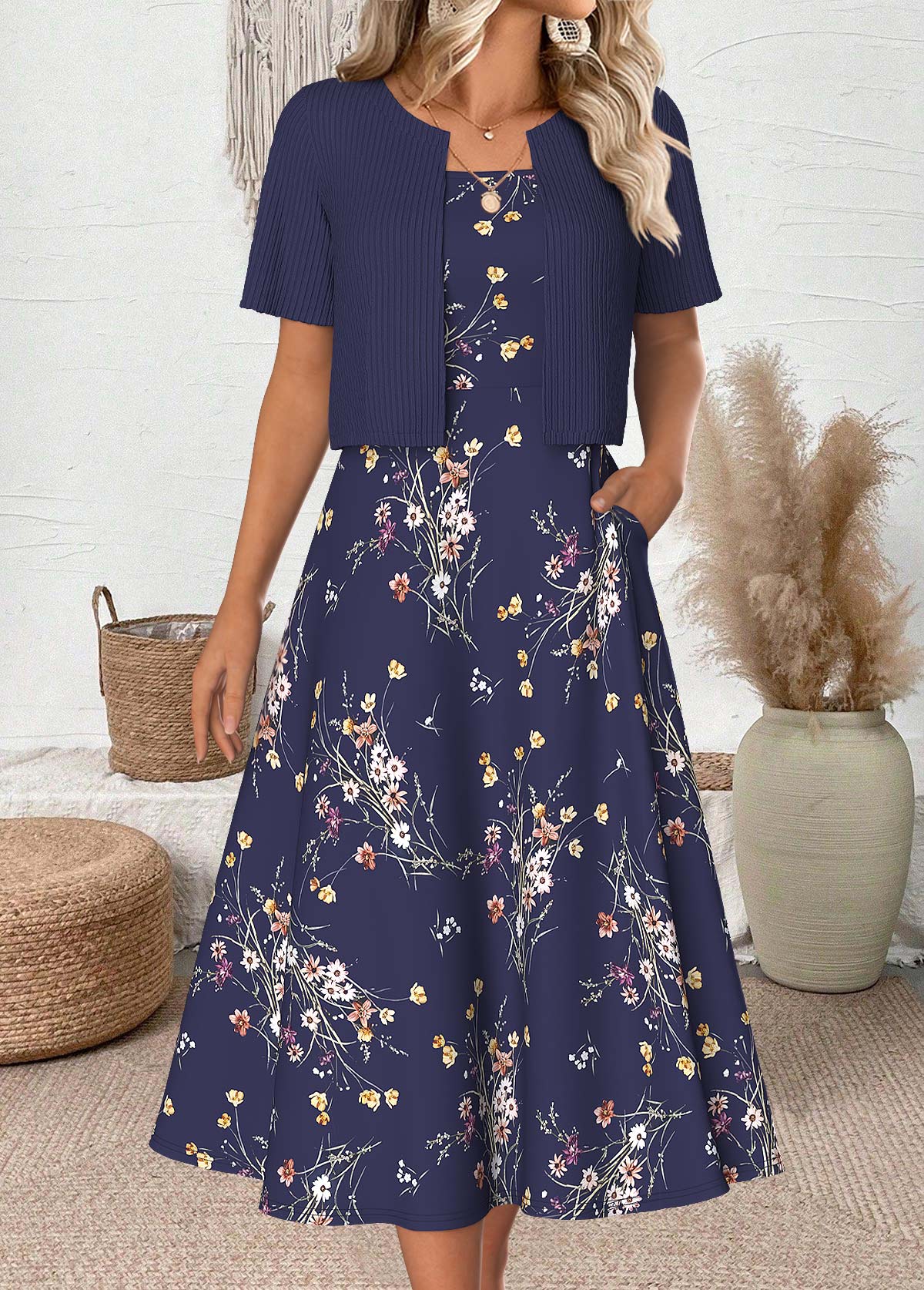Navy dresses,Floral dresses,Plants dresses,Everyday dresses,Casual dresses,ROTITA Floral Print Navy Round Neck Dress and Cardigan