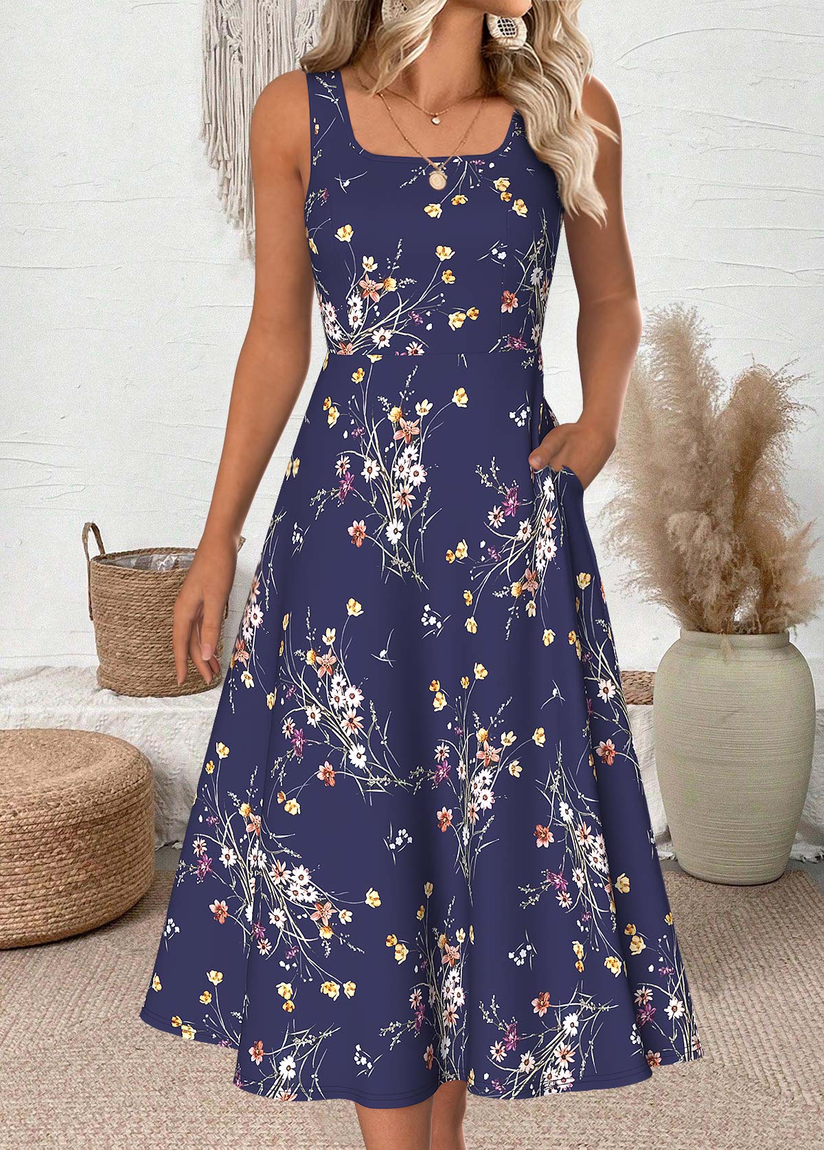 Navy dresses,Floral dresses,Plants dresses,Everyday dresses,Casual dresses,ROTITA Floral Print Navy Round Neck Dress and Cardigan