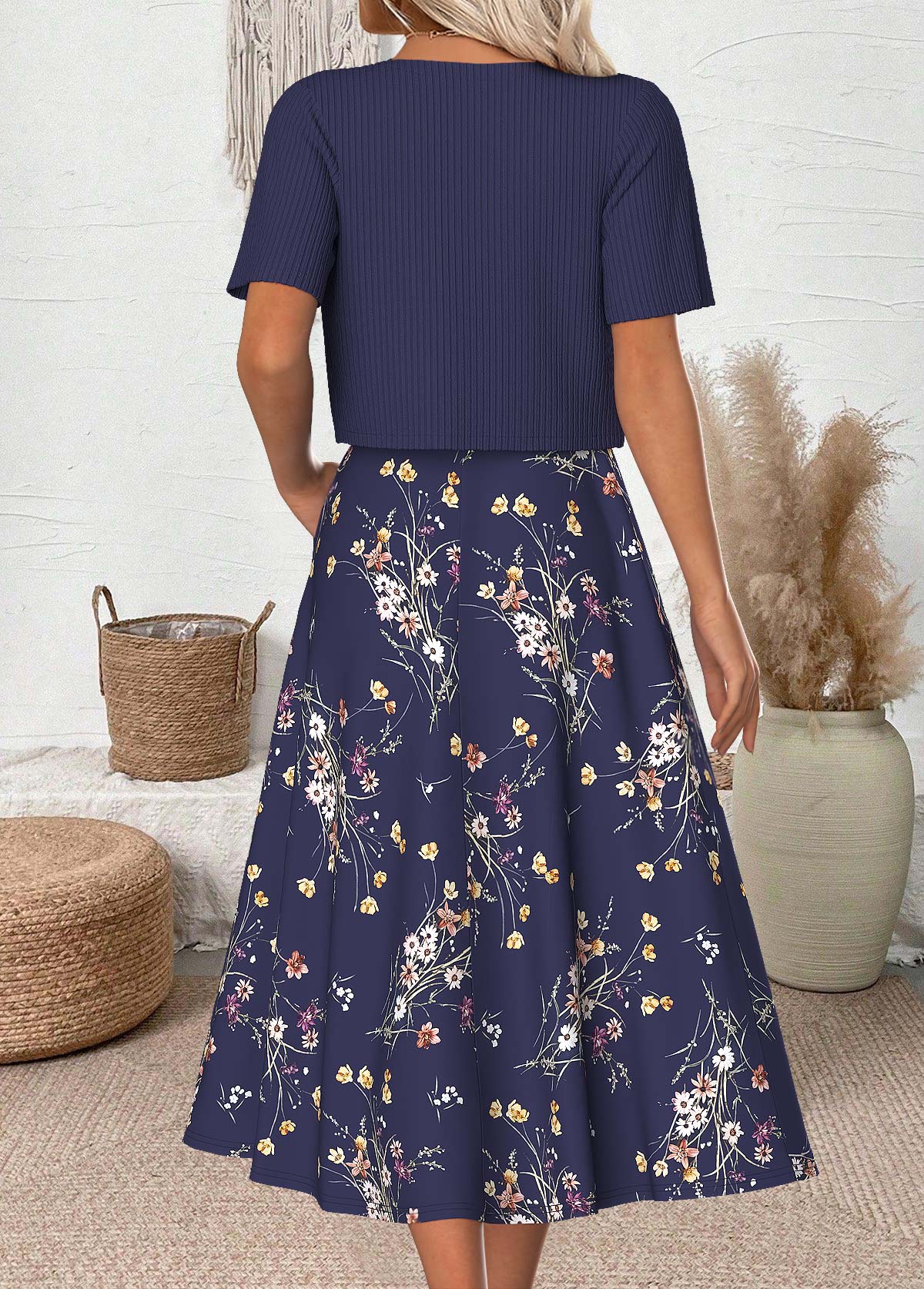 Navy dresses,Floral dresses,Plants dresses,Everyday dresses,Casual dresses,ROTITA Floral Print Navy Round Neck Dress and Cardigan