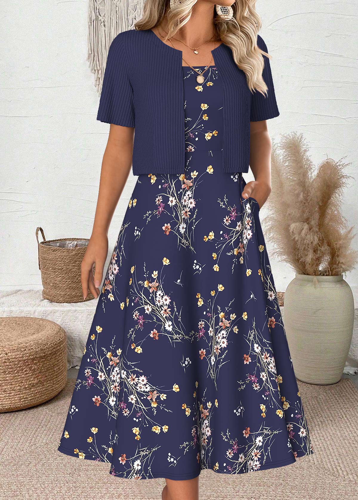 Navy dresses,Floral dresses,Plants dresses,Everyday dresses,Casual dresses,ROTITA Floral Print Navy Round Neck Dress and Cardigan