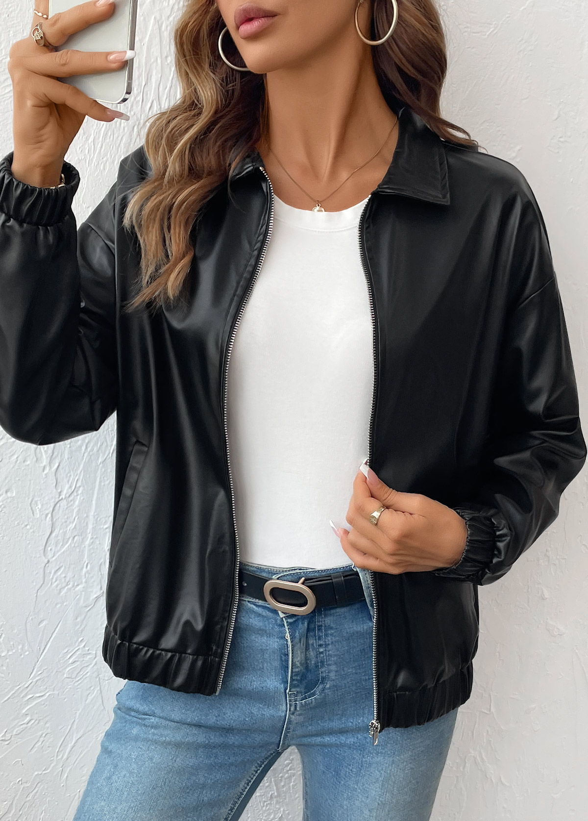Black tops,Plain Color tops,Tummy Coverage Black Turn Down Collar Long Sleeve Jacket
