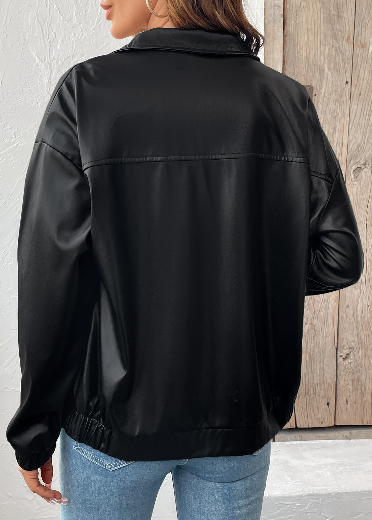 Black tops,Plain Color tops,Tummy Coverage Black Turn Down Collar Long Sleeve Jacket