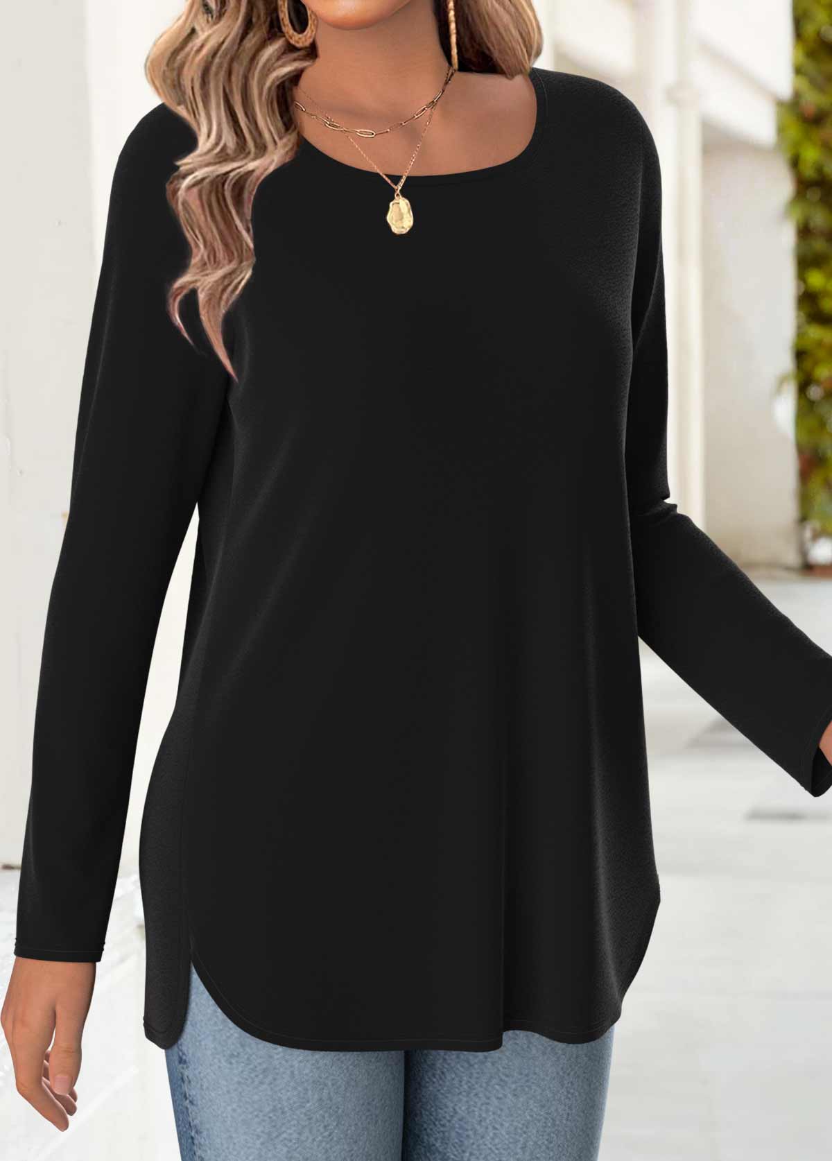Black tops,Plain Color tops,ROTITA Black Square Neck 3/4 Sleeve T Shirt