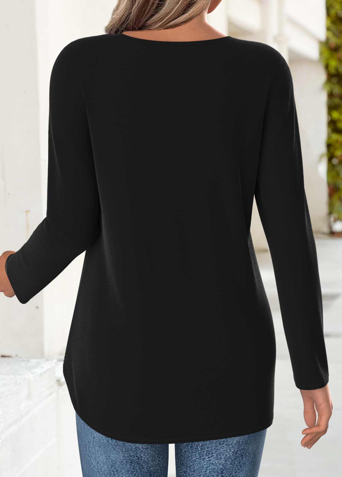 Black tops,Plain Color tops,ROTITA Black Square Neck 3/4 Sleeve T Shirt