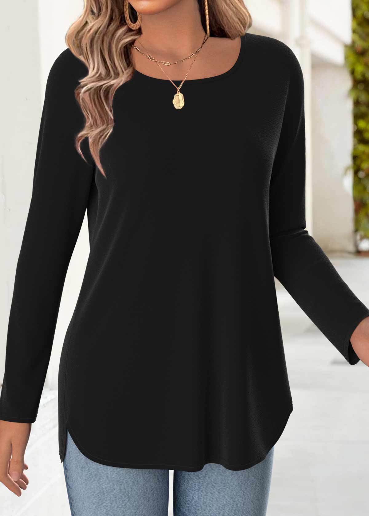 Black tops,Plain Color tops,ROTITA Black Square Neck 3/4 Sleeve T Shirt