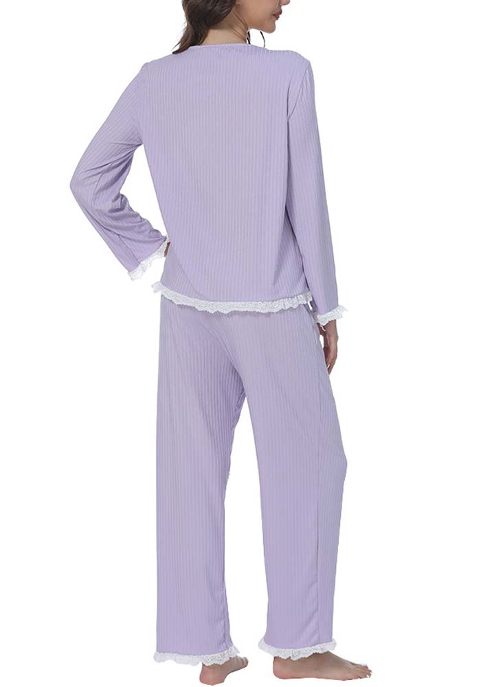Purple loungewear,Plain Color loungewear,Purple Round Neck Long Sleeve Lounge Top and Pants
