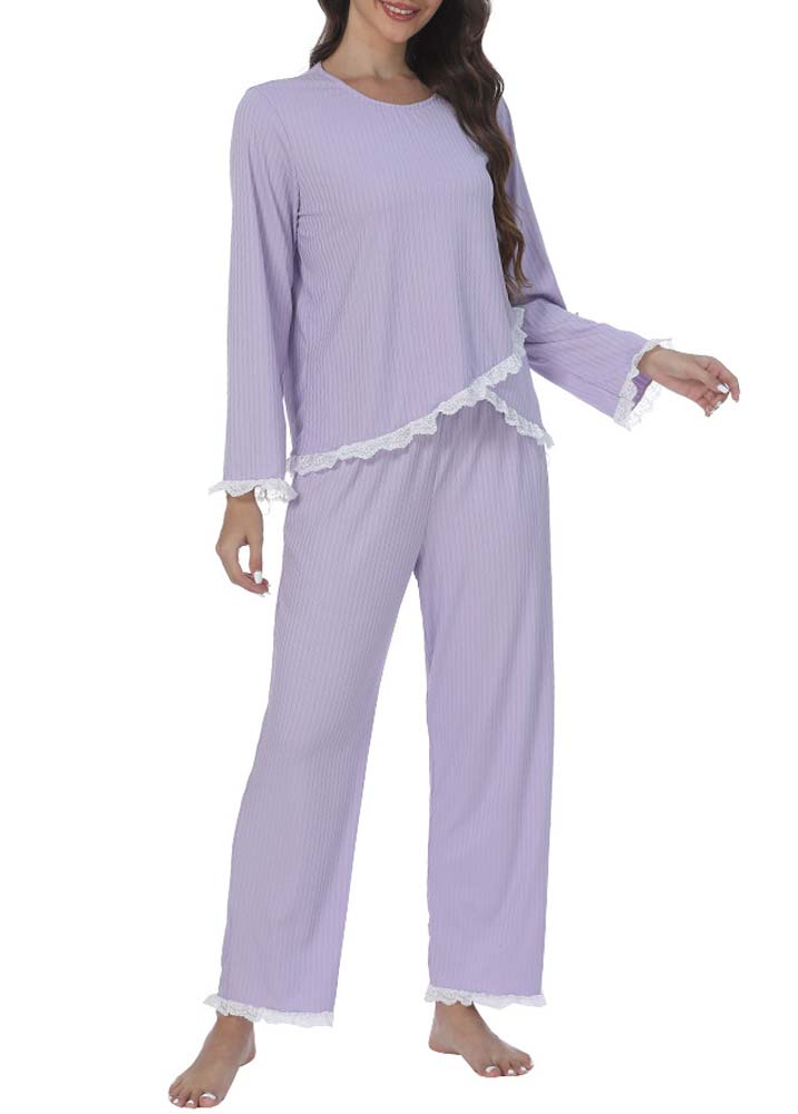 Purple loungewear,Plain Color loungewear,Purple Round Neck Long Sleeve Lounge Top and Pants
