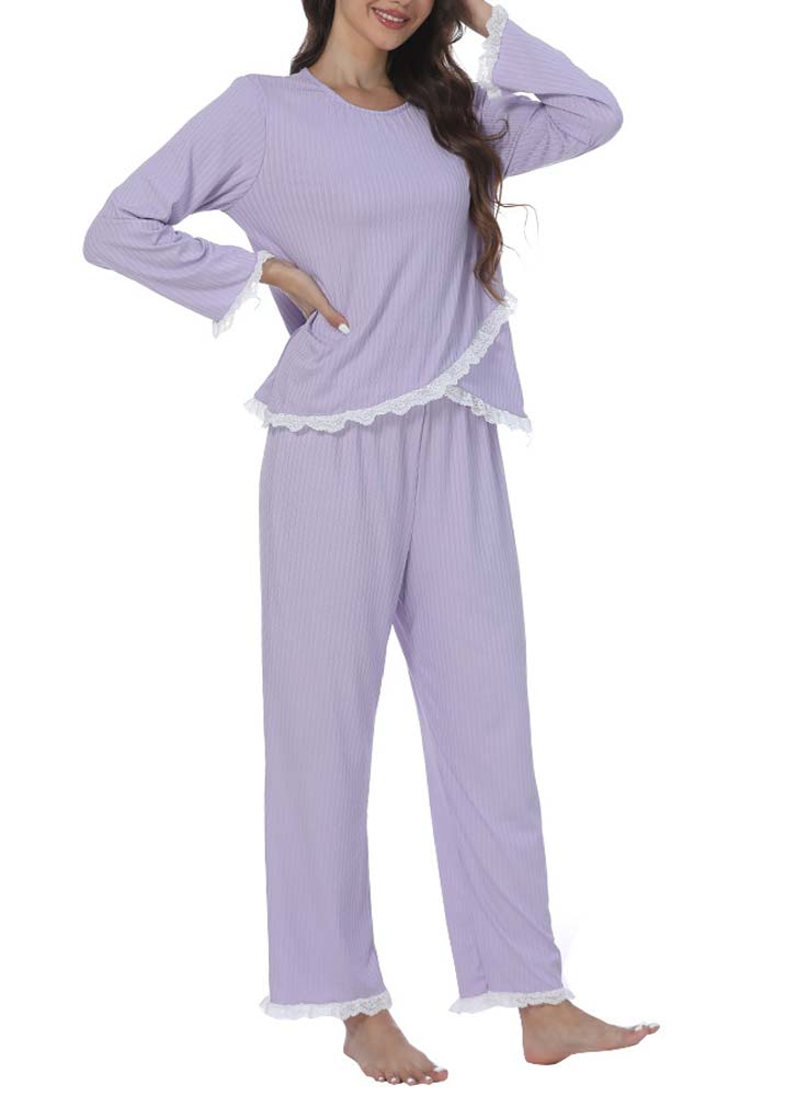 Purple loungewear,Plain Color loungewear,Purple Round Neck Long Sleeve Lounge Top and Pants