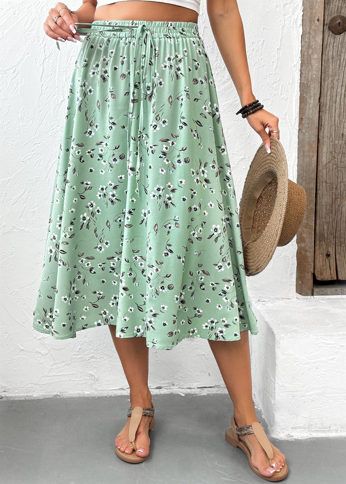 Sage Green bottoms,Ditsy Floral bottoms,Ditsy Floral Print Sage Green Elastic Waist Skirt