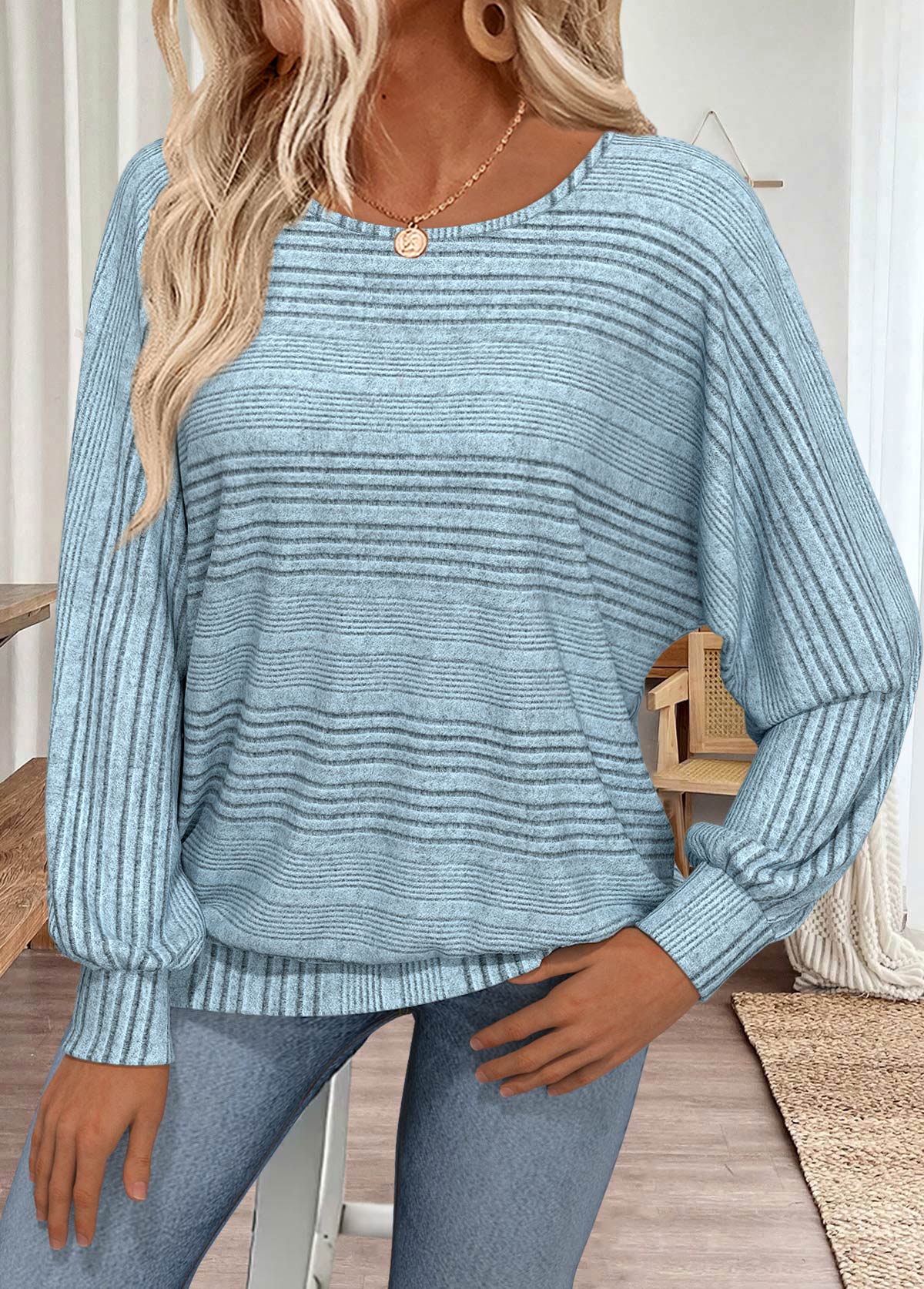 Dusty Blue tops,Plain Color tops,ROTITA Dusty Blue Round Neck Long Sleeve T Shirt