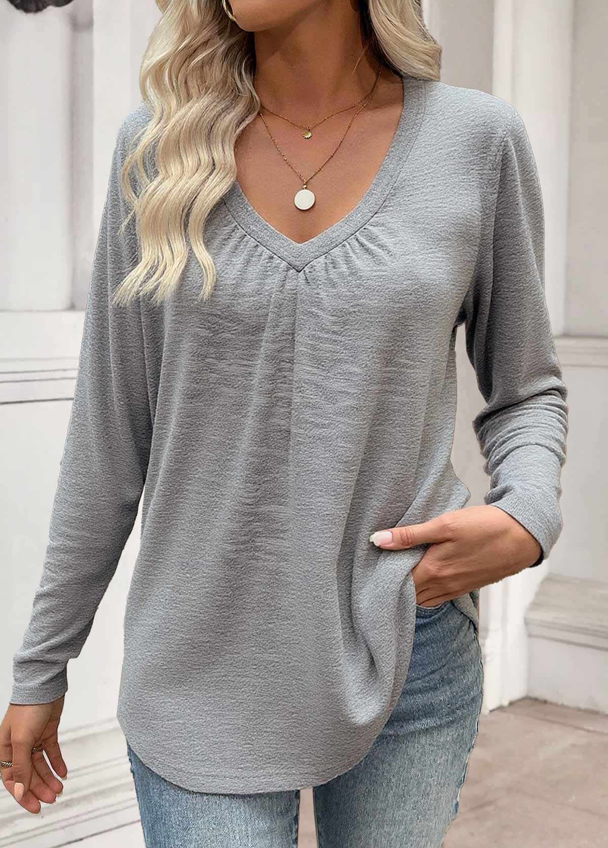 Grey tops,Plain Color tops,ROTITA Tummy Coverage Grey V Neck Long Sleeve T Shirt