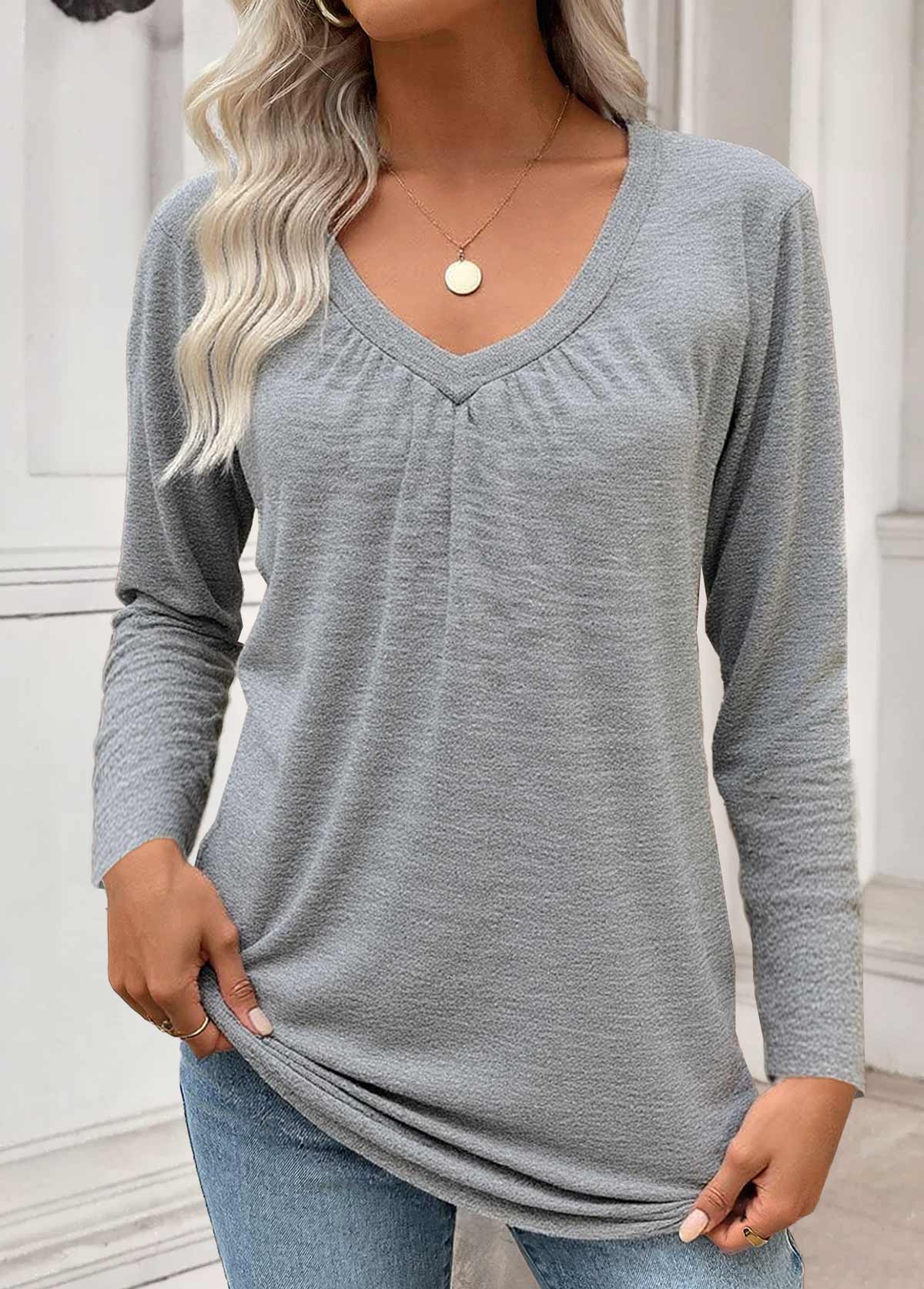 Grey tops,Plain Color tops,ROTITA Tummy Coverage Grey V Neck Long Sleeve T Shirt