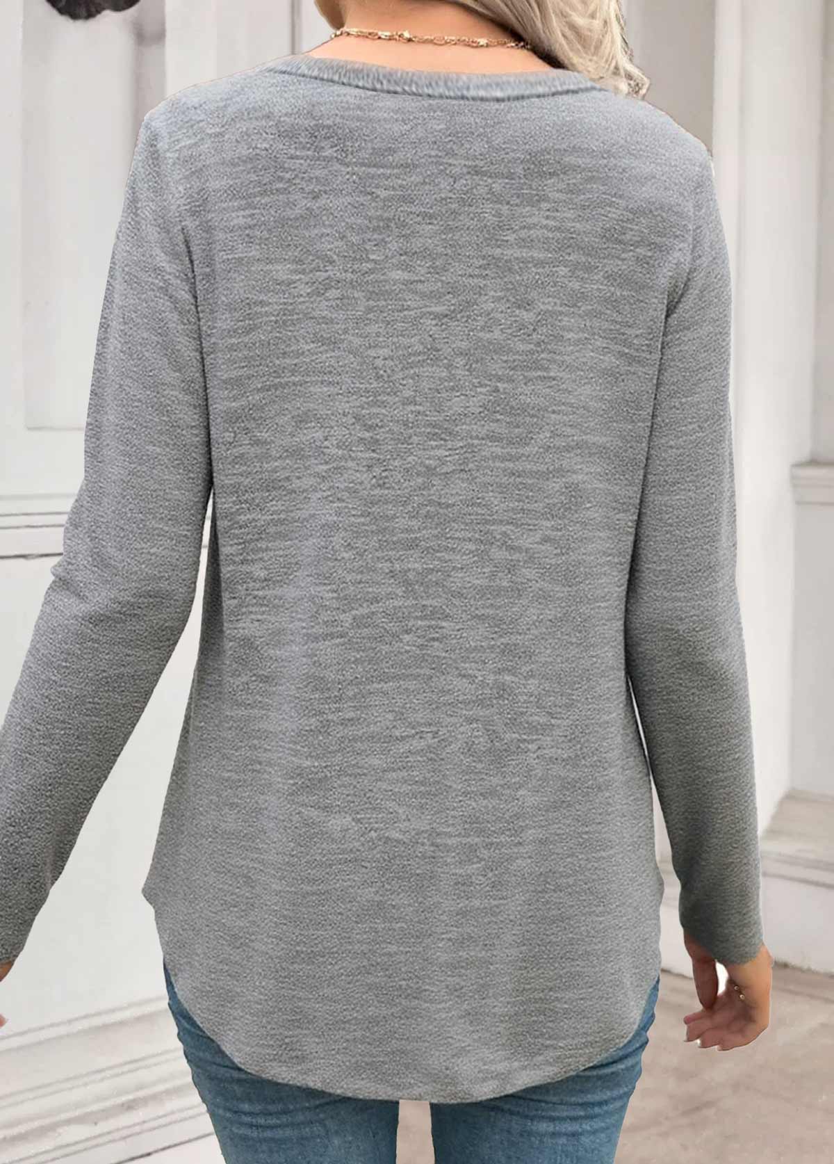 Grey tops,Plain Color tops,ROTITA Tummy Coverage Grey V Neck Long Sleeve T Shirt