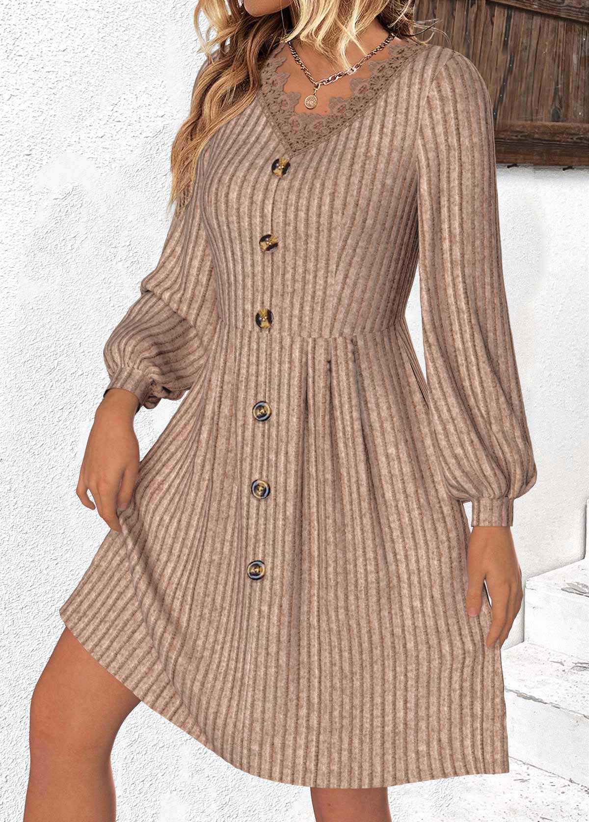 Light Coffee dresses,Plain Color dresses,Everyday dresses,Casual dresses,ROTITA Patchwork Light Coffee V Neck Long Sleeve Dress