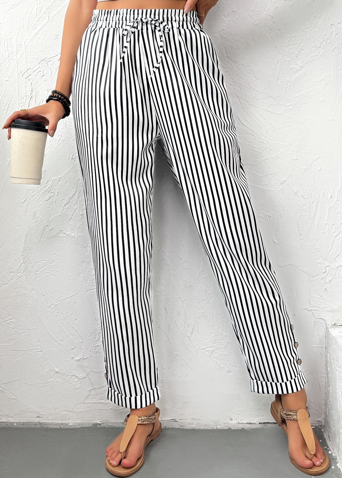 Black bottoms,Striped bottoms,Geometric bottoms,Pocket Striped Black Straight Leg Elastic Waist Pants