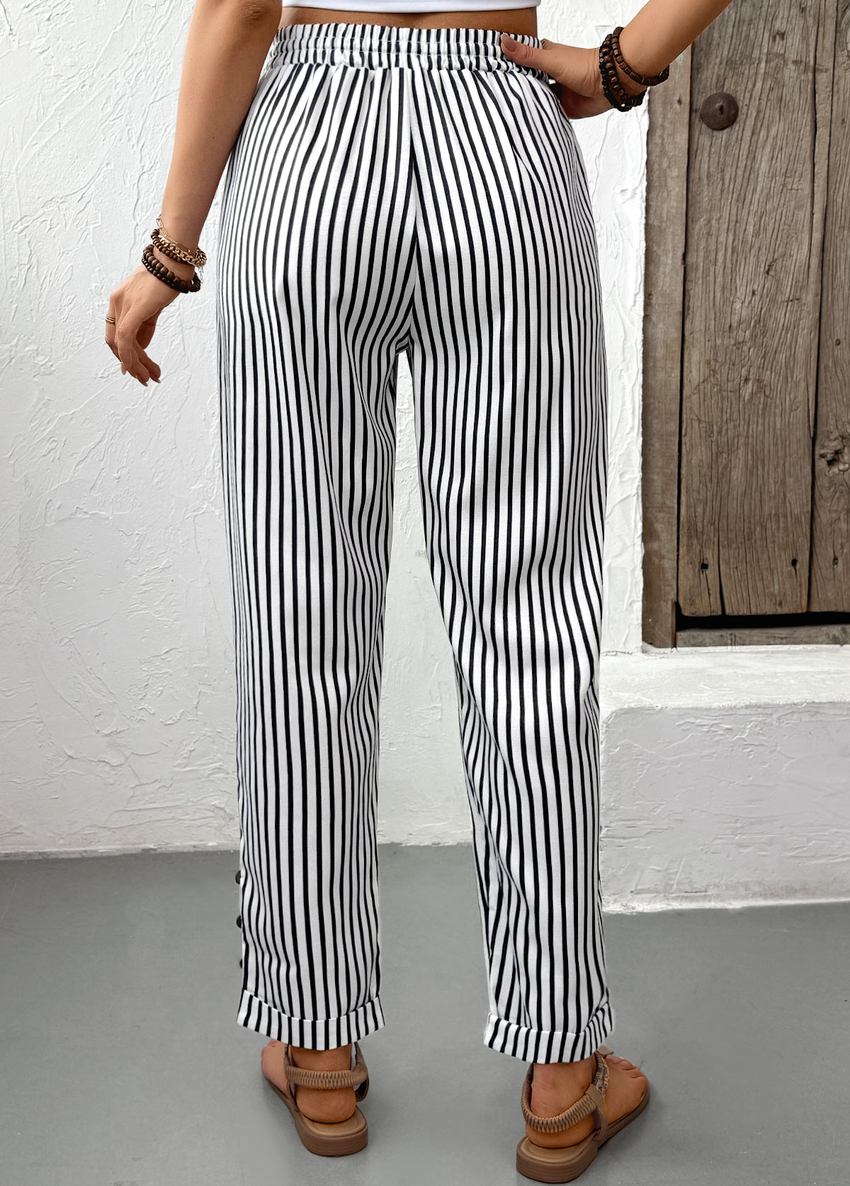 Black bottoms,Striped bottoms,Geometric bottoms,Pocket Striped Black Straight Leg Elastic Waist Pants