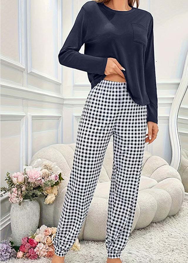 Navy loungewear,Plaid loungewear,Geometric loungewear,Plaid Navy Round Neck Lounge Top and Pants
