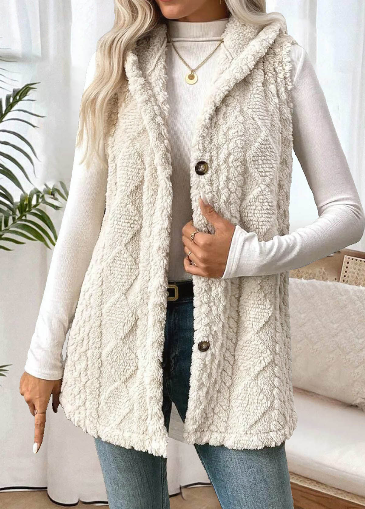 Beige tops,Plain Color tops,ROTITA Tummy Coverage Beige Hooded Sleeveless Waistcoat