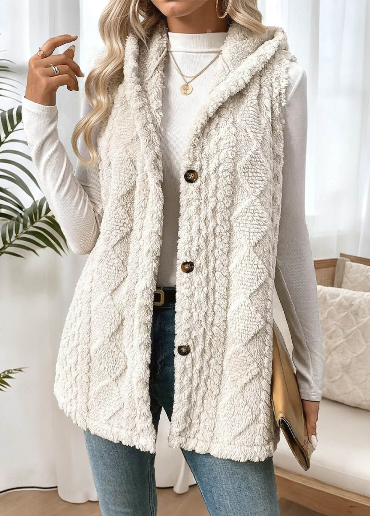 Beige tops,Plain Color tops,ROTITA Tummy Coverage Beige Hooded Sleeveless Waistcoat