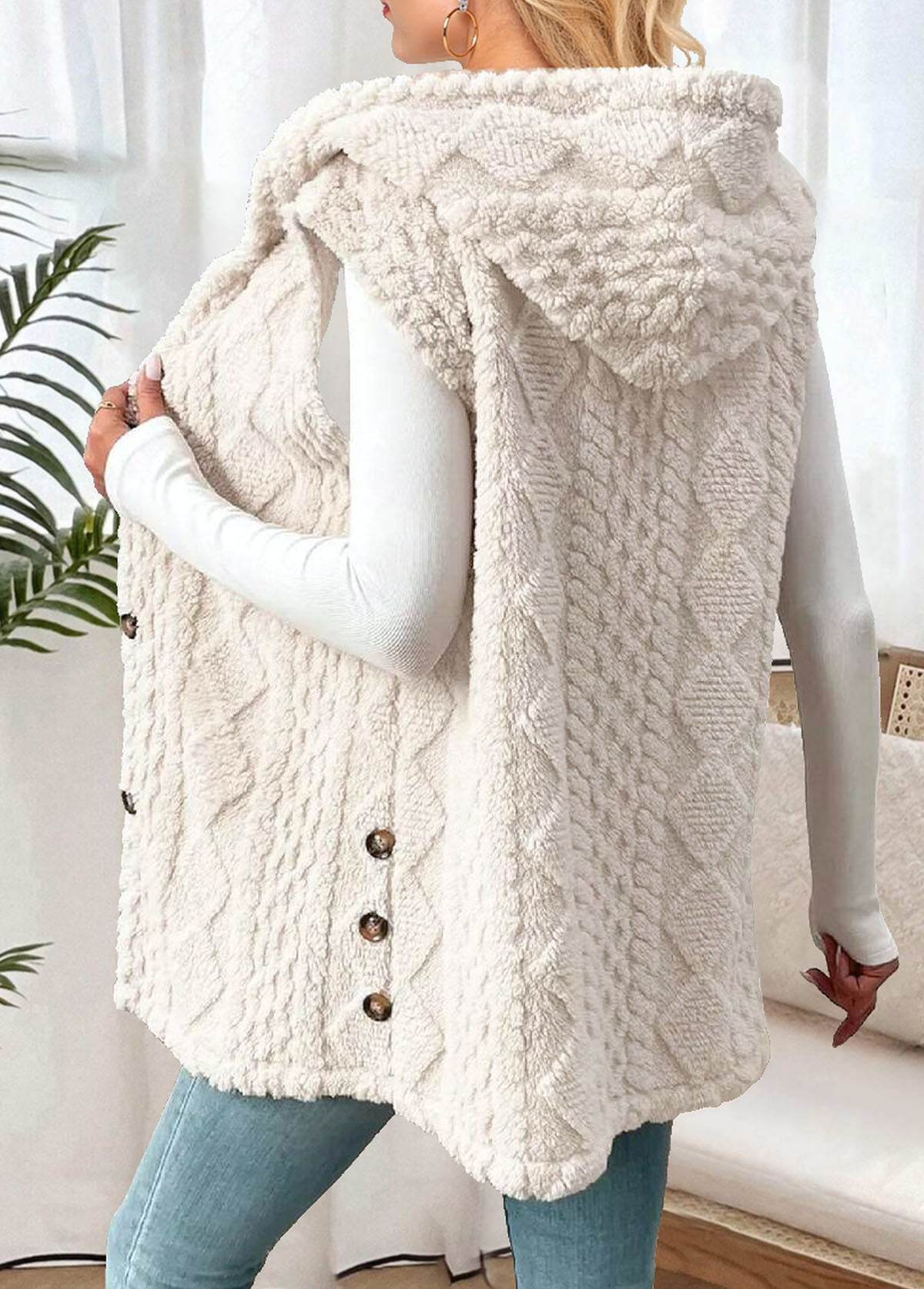 Beige tops,Plain Color tops,ROTITA Tummy Coverage Beige Hooded Sleeveless Waistcoat