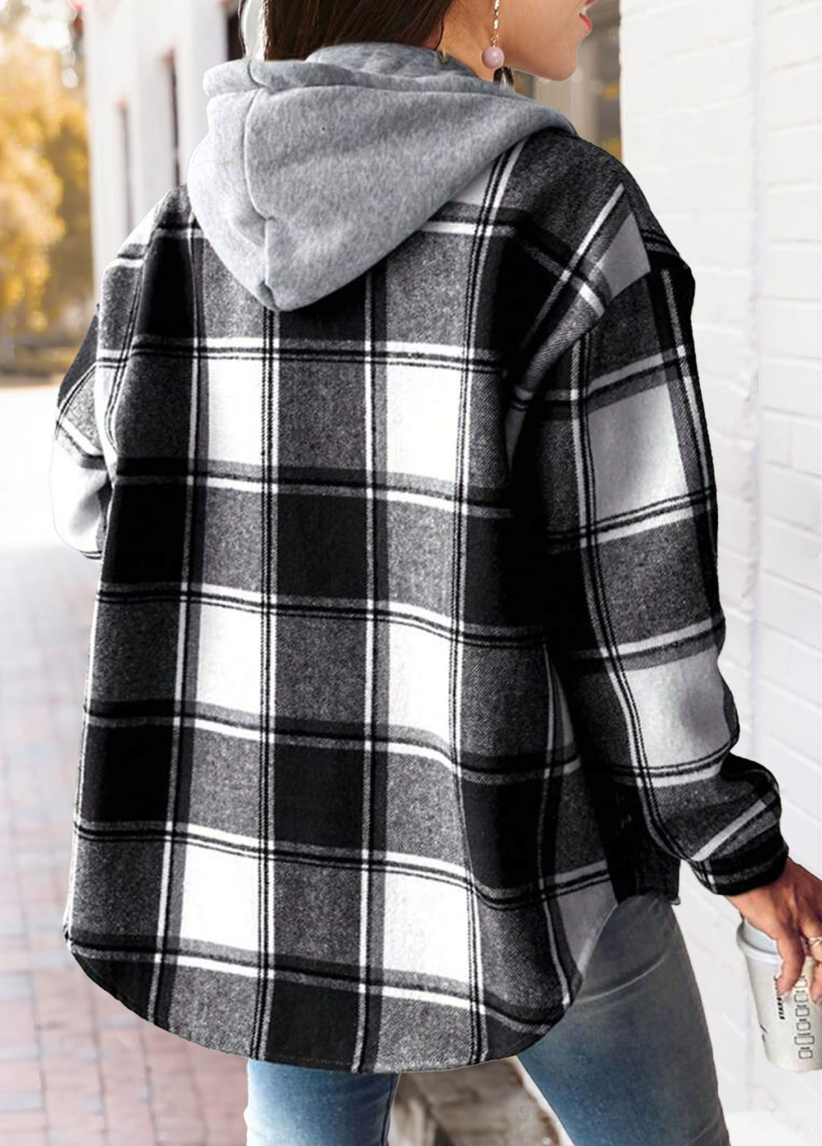 Black tops,Plaid tops,Geometric tops,ROTITA Tummy Coverage Plaid Black Hooded Long Sleeve Track Jacket