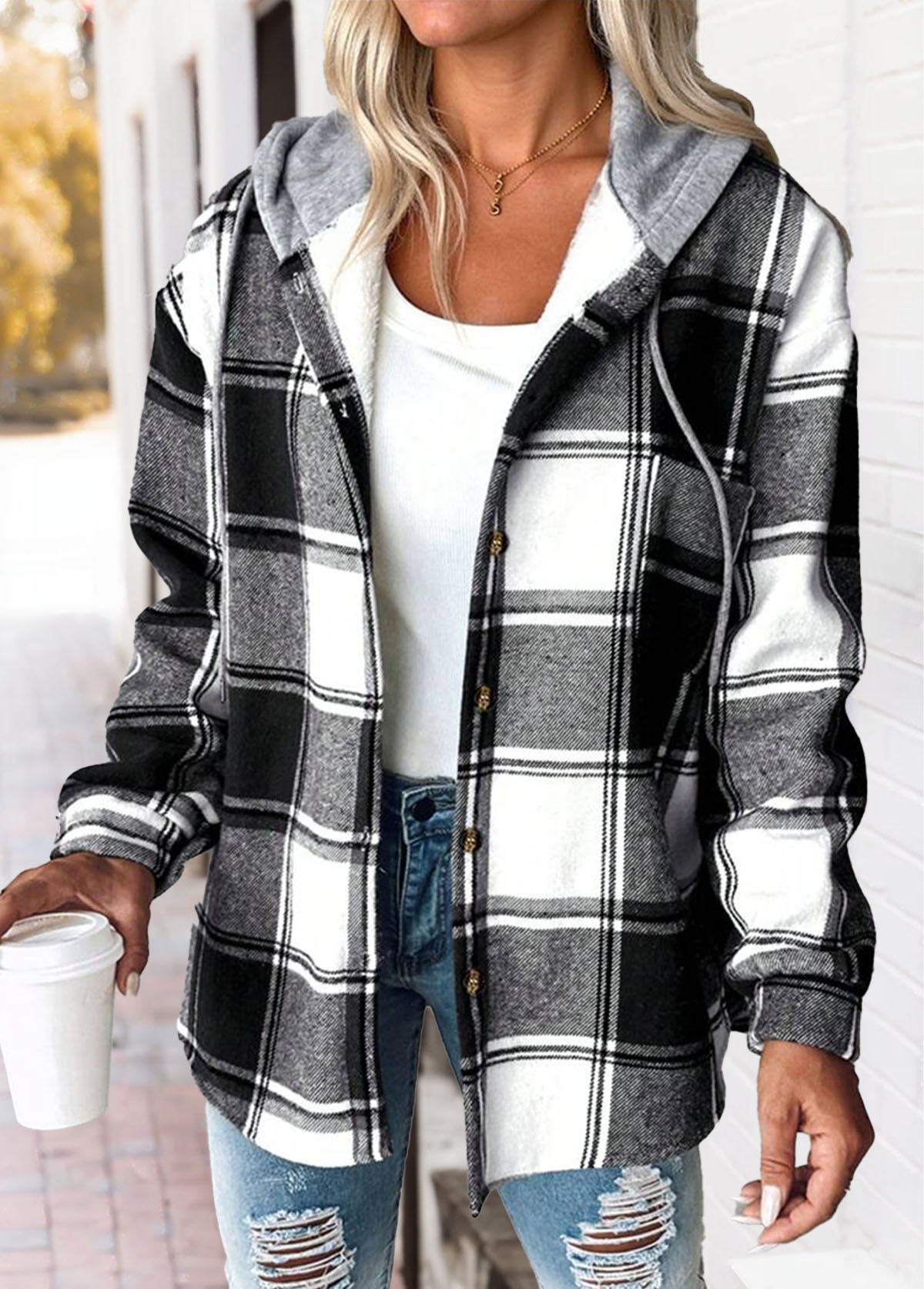 Black tops,Plaid tops,Geometric tops,ROTITA Tummy Coverage Plaid Black Hooded Long Sleeve Track Jacket