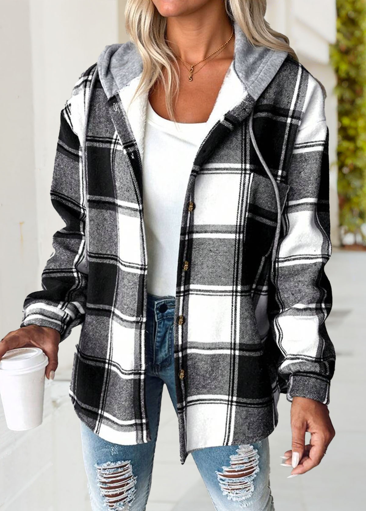 Black tops,Plaid tops,Geometric tops,ROTITA Tummy Coverage Plaid Black Hooded Long Sleeve Track Jacket