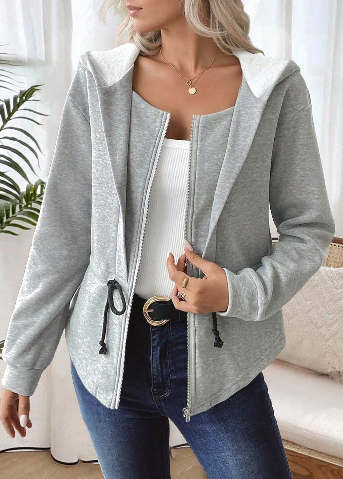 Light Grey Marl tops,Plain Color tops,ROTITA Tummy Coverage Light Grey Marl Hooded Track Jacket