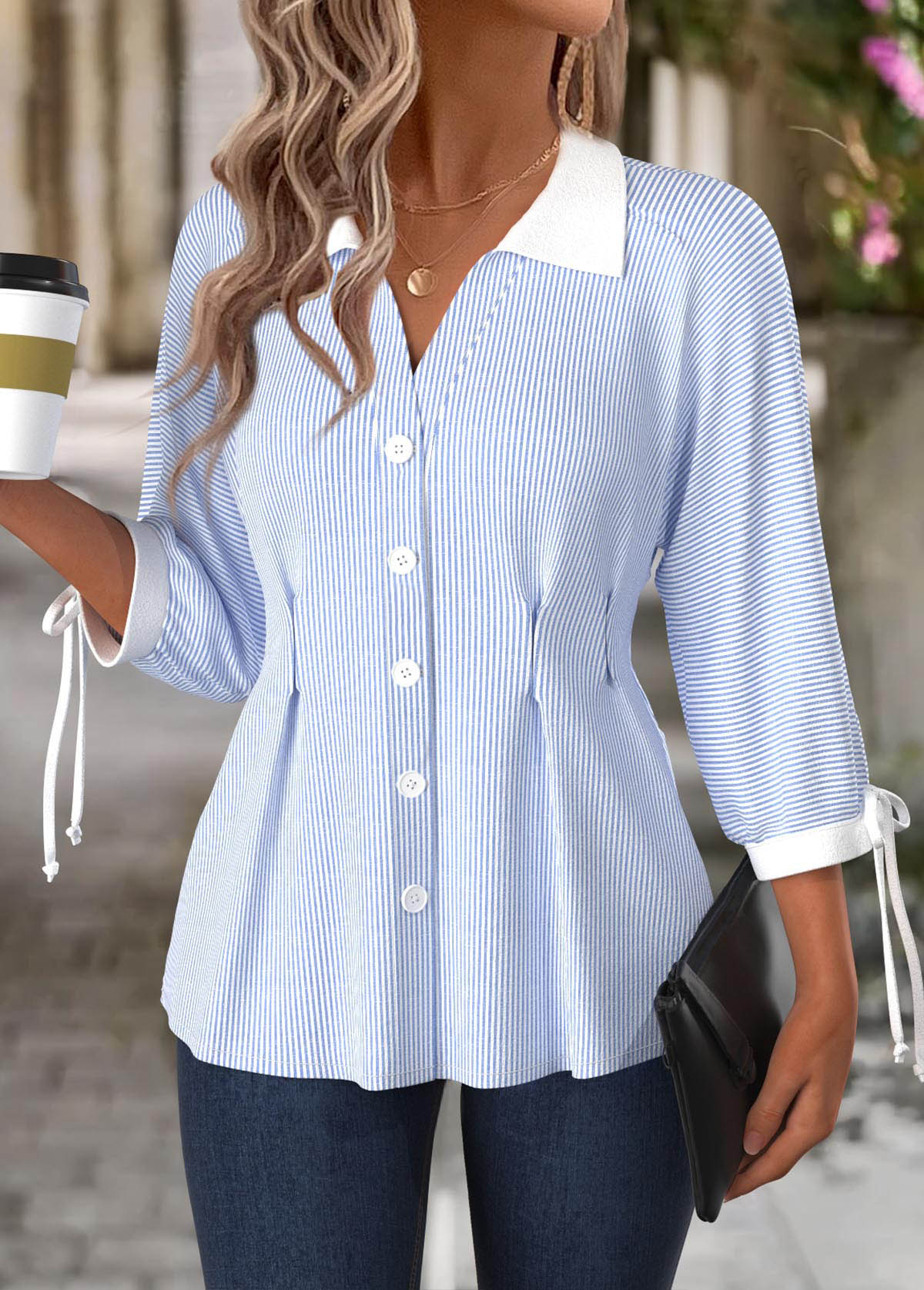 Light Blue tops,Striped tops,Geometric tops,ROTITA Striped Light Blue Turn Down Collar 3/4 Sleeve Blouse
