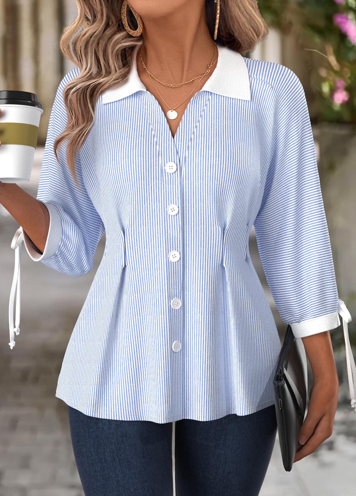Light Blue tops,Striped tops,Geometric tops,ROTITA Striped Light Blue Turn Down Collar 3/4 Sleeve Blouse