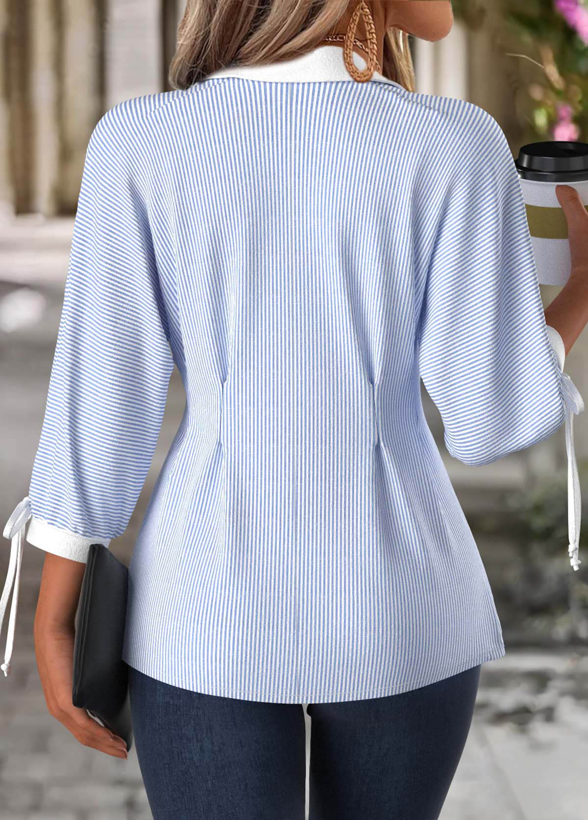 Light Blue tops,Striped tops,Geometric tops,ROTITA Striped Light Blue Turn Down Collar 3/4 Sleeve Blouse