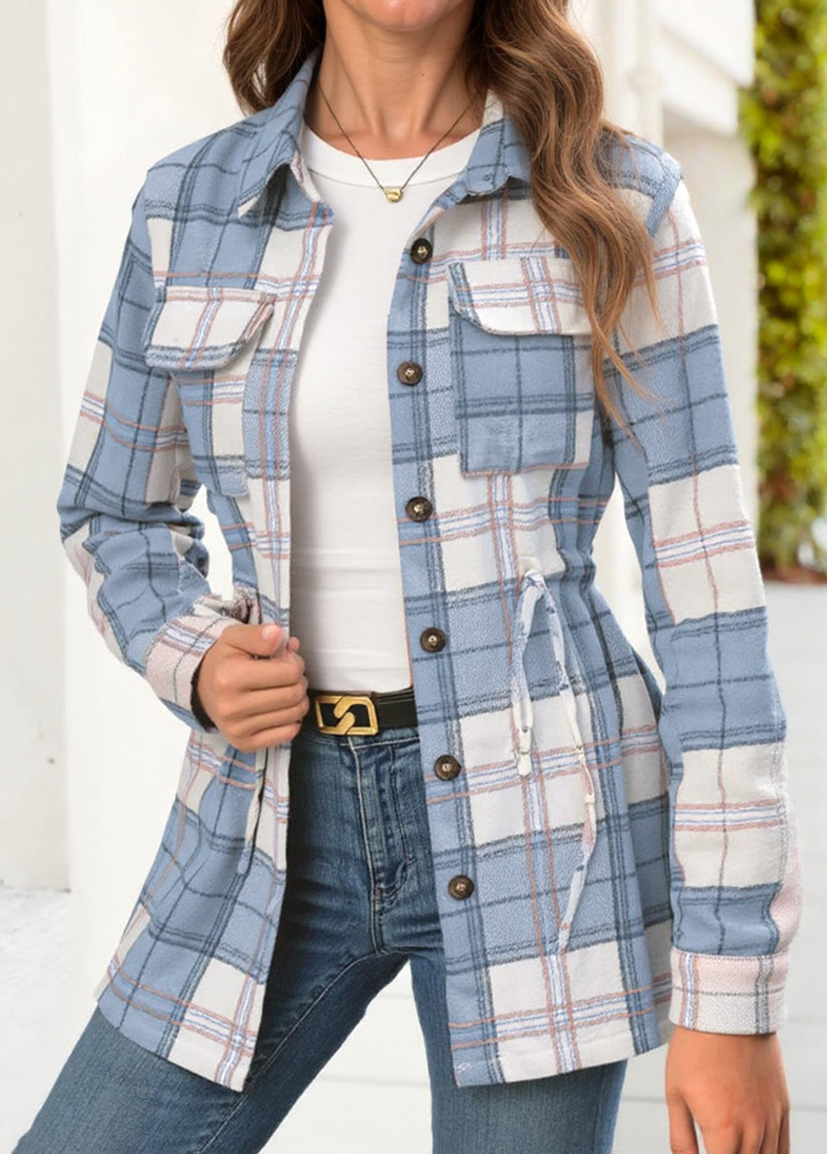 Light Blue tops,Plaid tops,Geometric tops,ROTITA Tummy Coverage Plaid Light Blue Long Sleeve Shirt