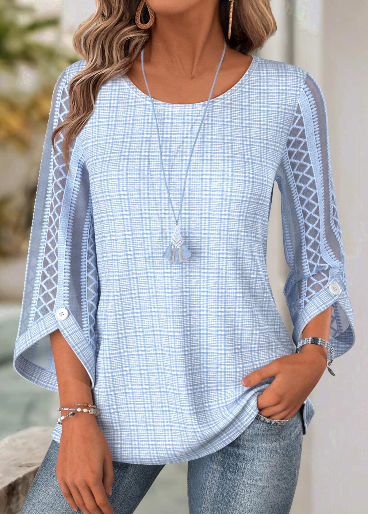 Light Blue tops,Plain Color tops,ROTITA Light Blue Round Neck 3/4 Sleeve Blouse