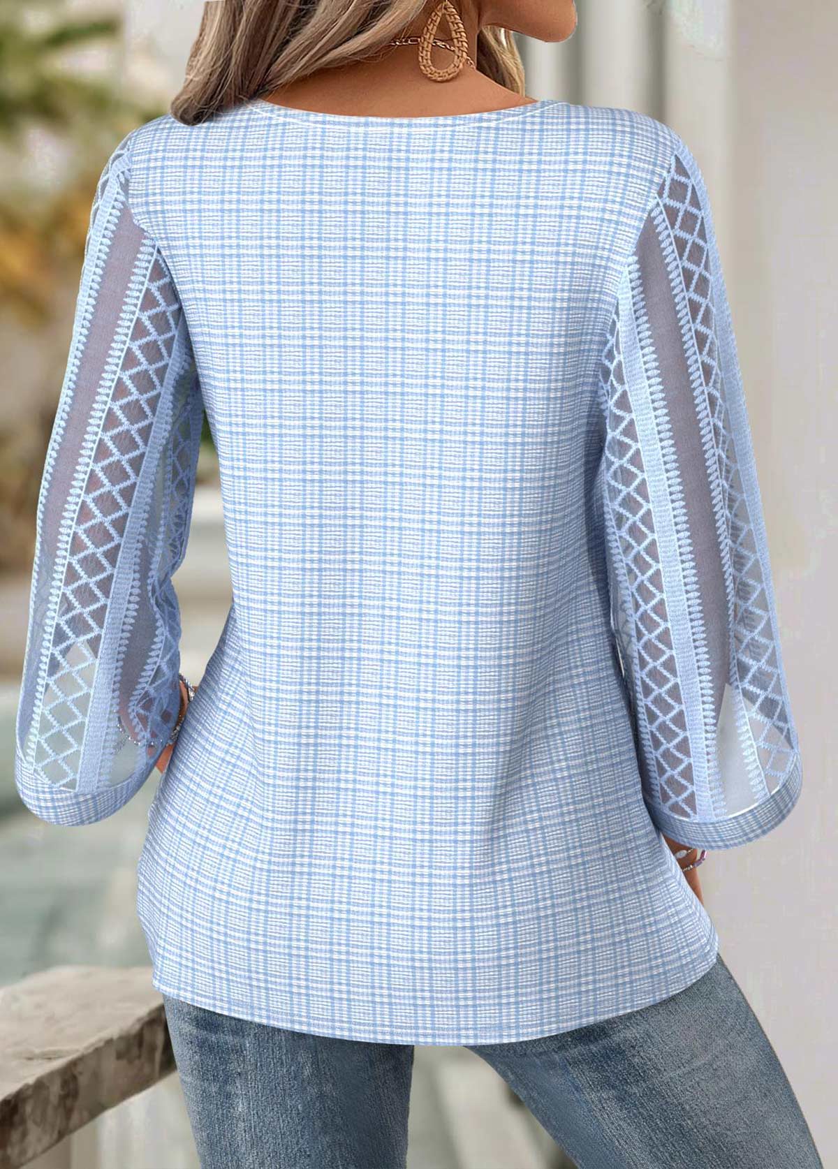 Light Blue tops,Plain Color tops,ROTITA Light Blue Round Neck 3/4 Sleeve Blouse