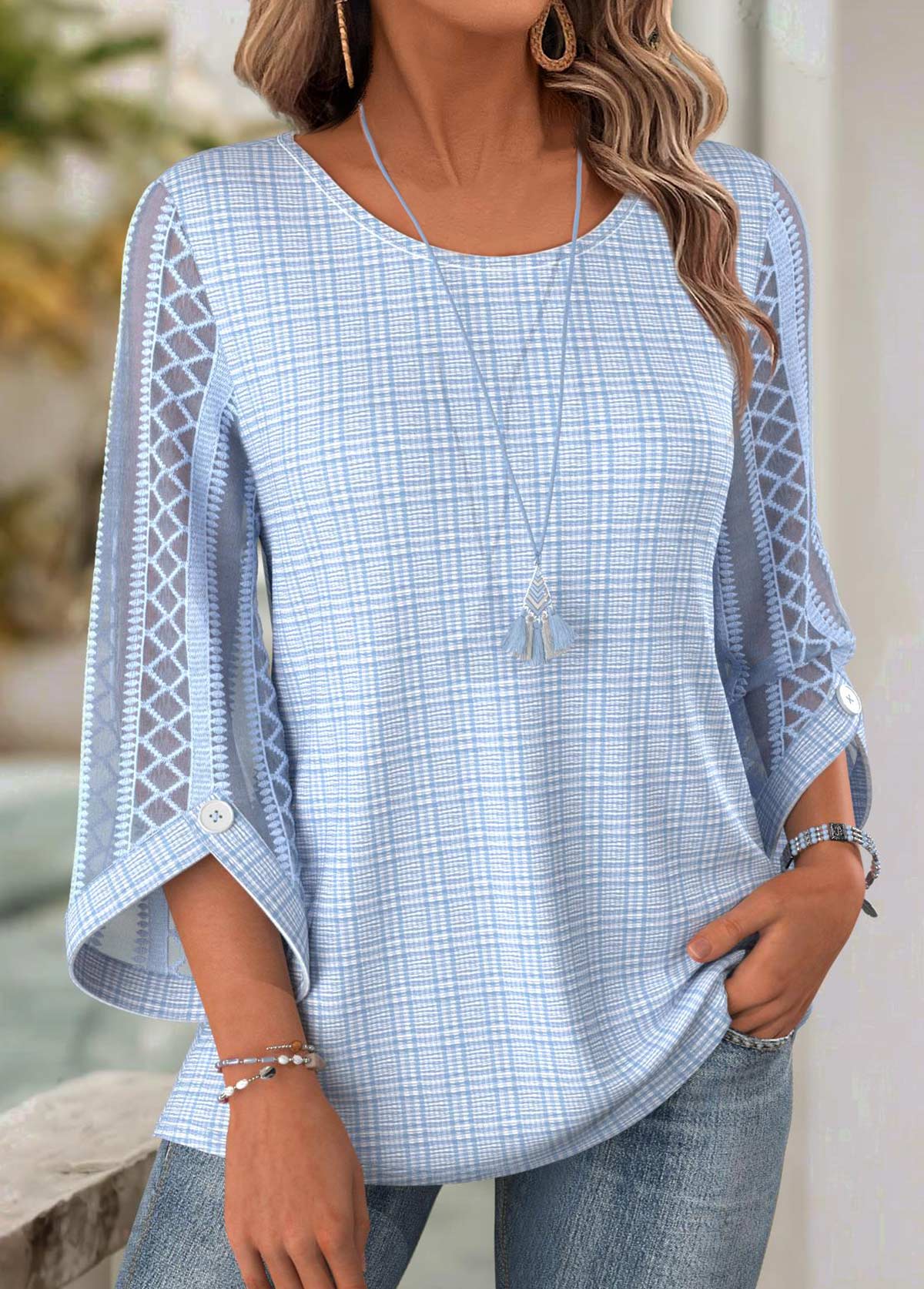 Light Blue tops,Plain Color tops,ROTITA Light Blue Round Neck 3/4 Sleeve Blouse