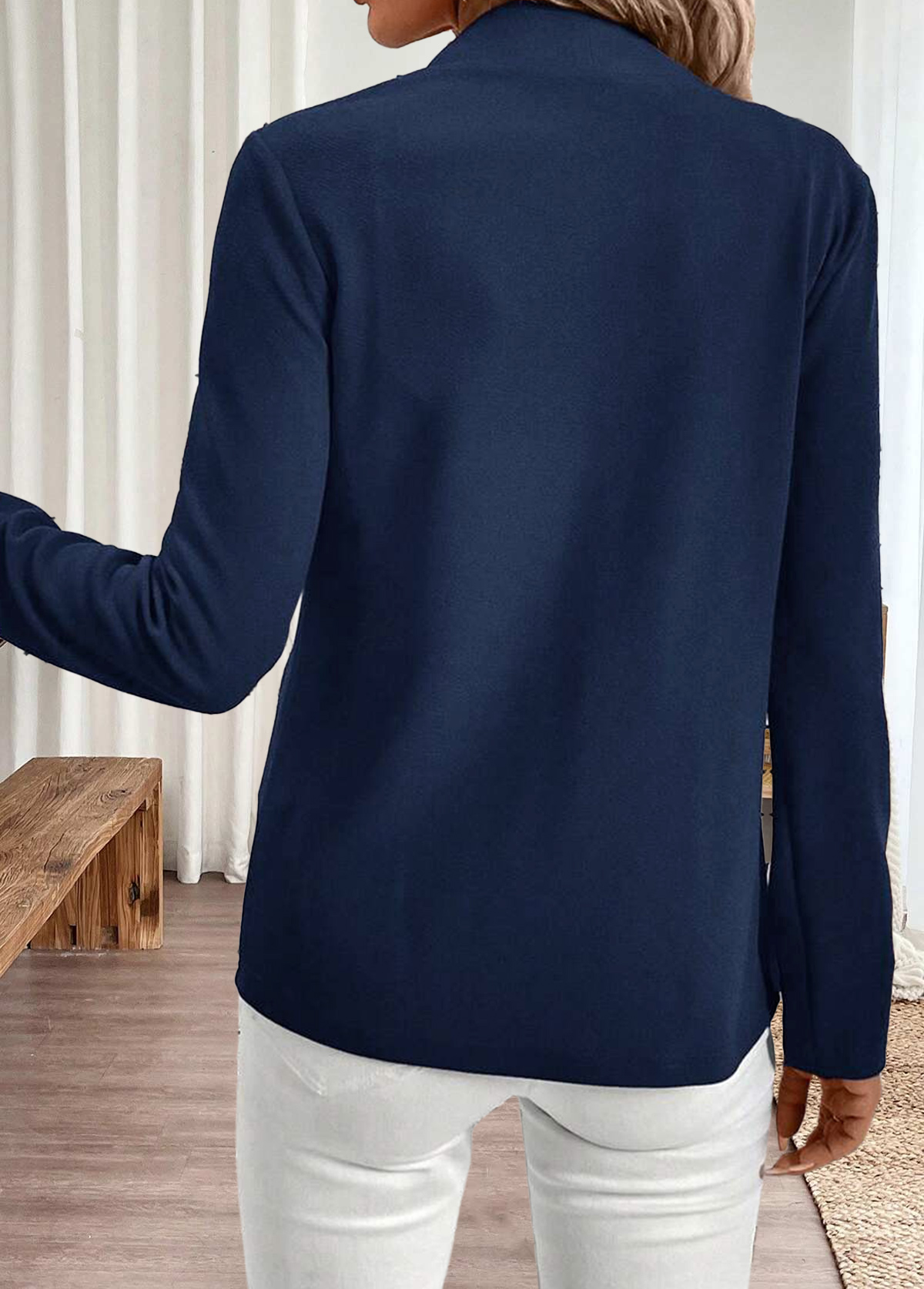 Navy tops,Plain Color tops,ROTITA Navy Open Front Long Sleeve Coat