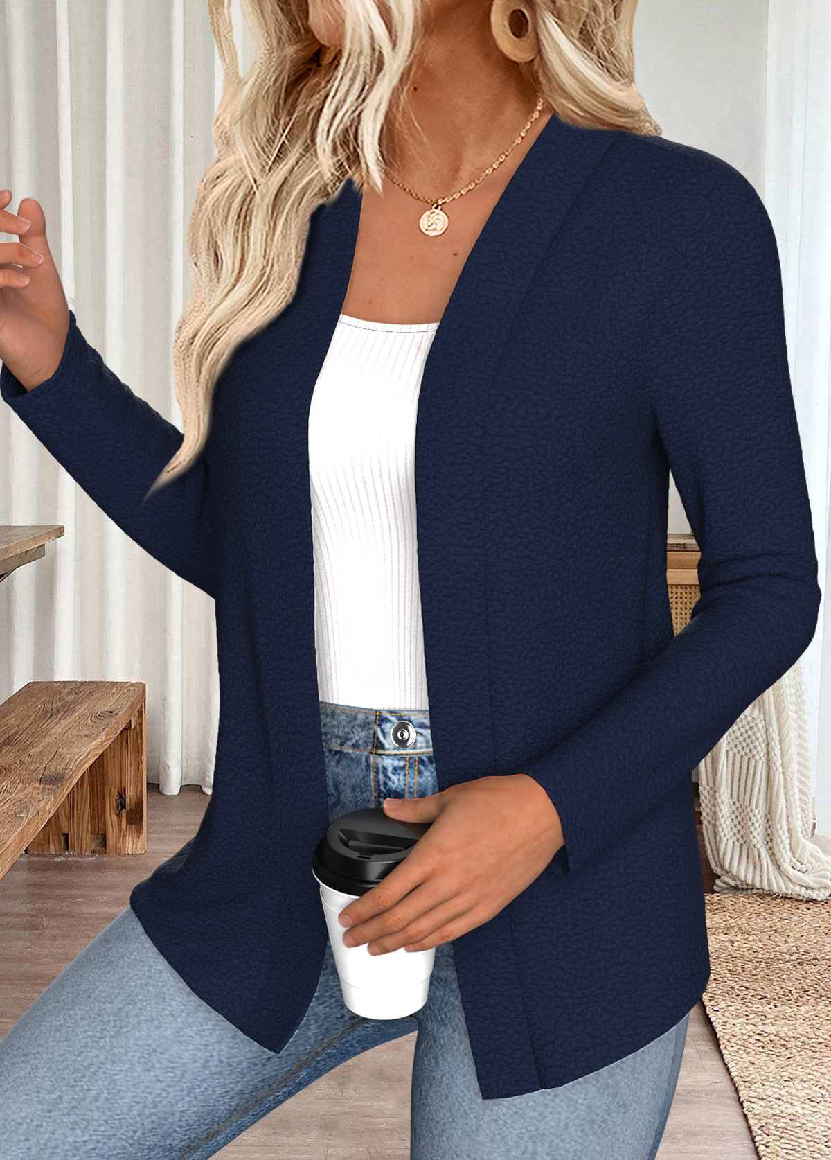 Navy tops,Plain Color tops,ROTITA Navy Open Front Long Sleeve Coat