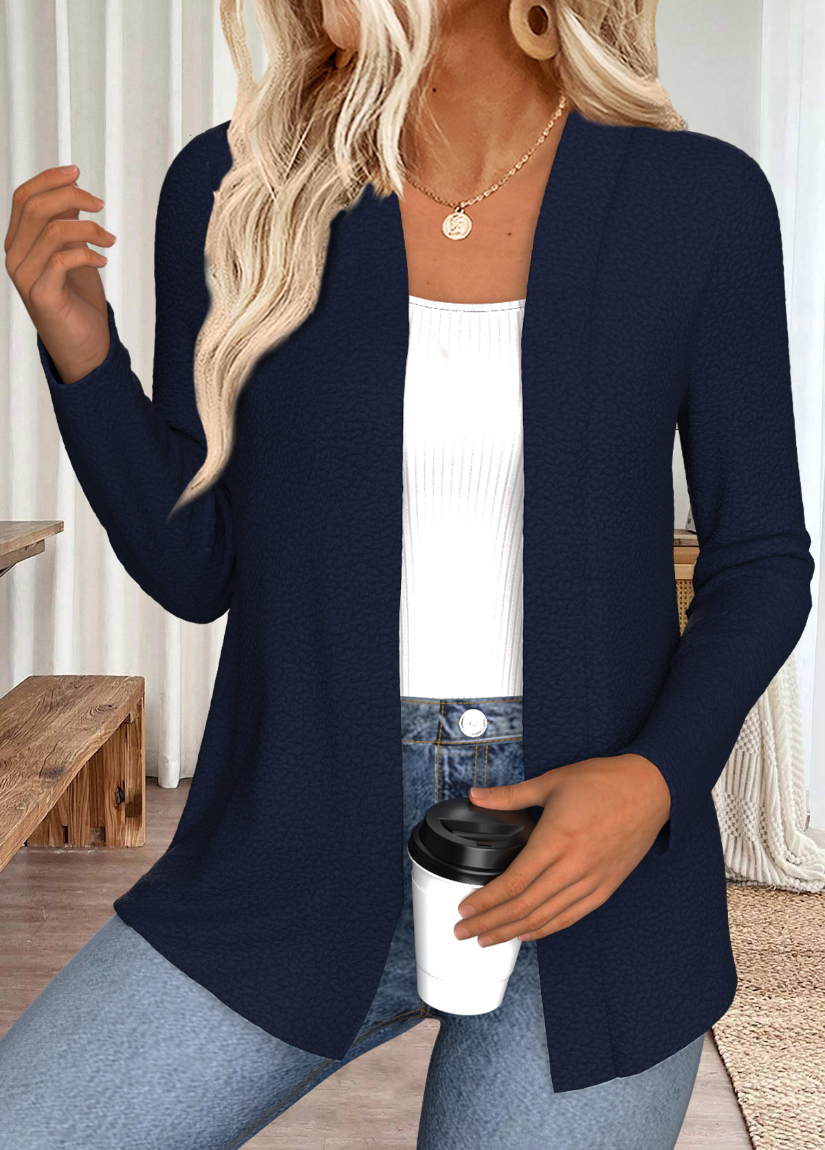Navy tops,Plain Color tops,ROTITA Navy Open Front Long Sleeve Coat
